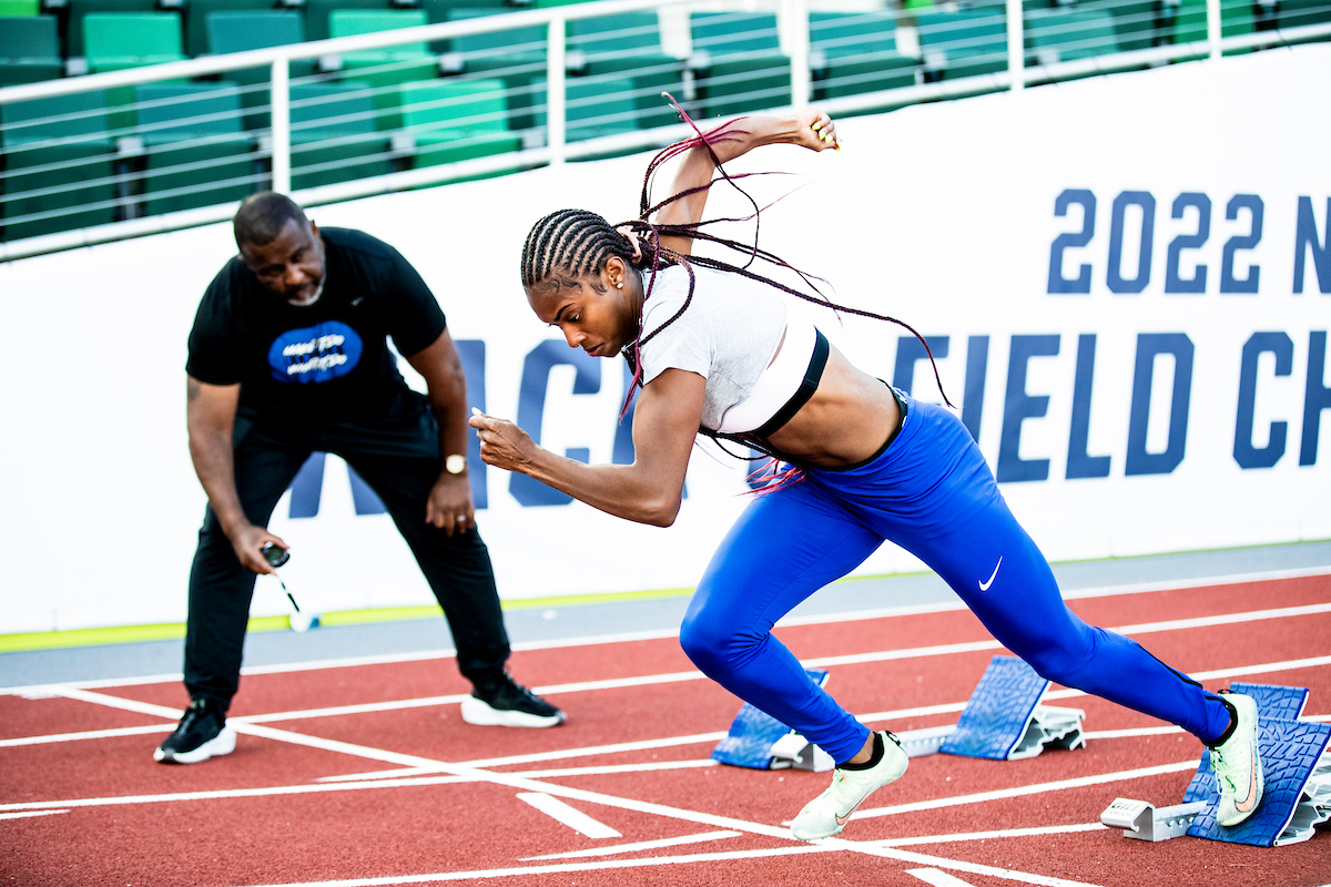 Lonnie Greene. Masai Russell.

Shake out.

NCAA Track and Field Outdoor Championships.

Photo by Chet White | UK Athletics