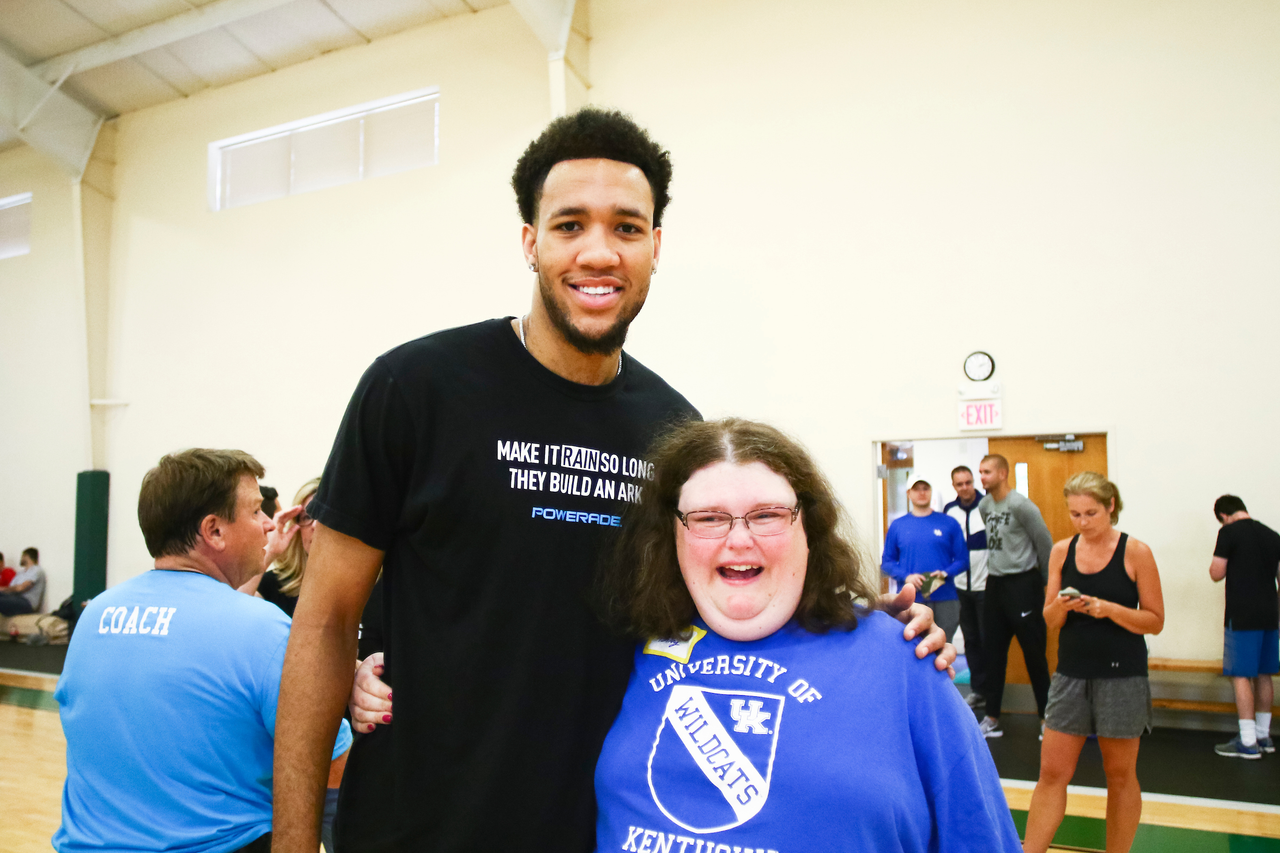 EJ Montgomery. Fan. 

EJ Montgomery and Immanuel Quickley play basketball with with kids during a camp at Winstar Farm on Thursday, June 20th. 

Photo by Eddie Justice | UK Athletics