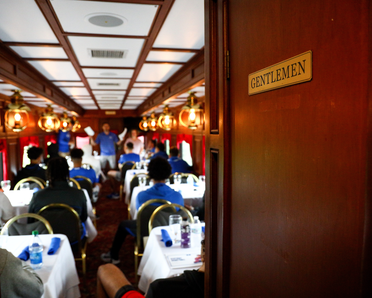 The Kentucky men's basketball team rode an RJ Corman train to the satellite camp at South Oldham High School in Crestwood, Kentucky.

Photo by Eddie Justice | UK Athletics